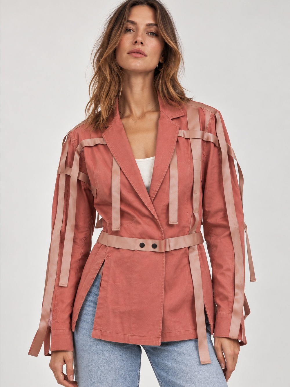PRFCTNMBR Perfect Number Deconstructed Ribbon Blazer utility Jacket Dusty Rose